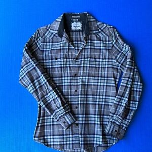 Express fitted, Medium, plaid gray, white, navy and hunter green